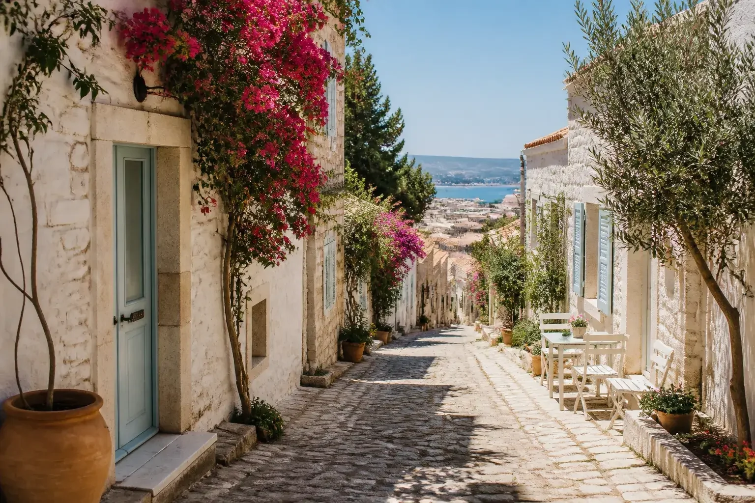 Çeşme’ye özgü beyaz taş evler ve dar sokaklar